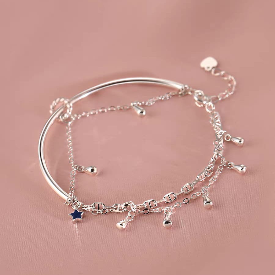 1pc 999 Sterling Silver Double-Layer Tassel Star Half-Bangle Bracelet, Trendy Style, Perfect For Daily Wear & Valentine's Gifts view 6