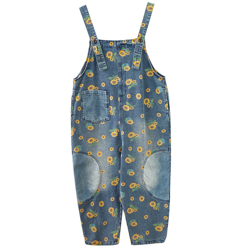 Women's Summer Retro Literary Print Denim Overalls view 2