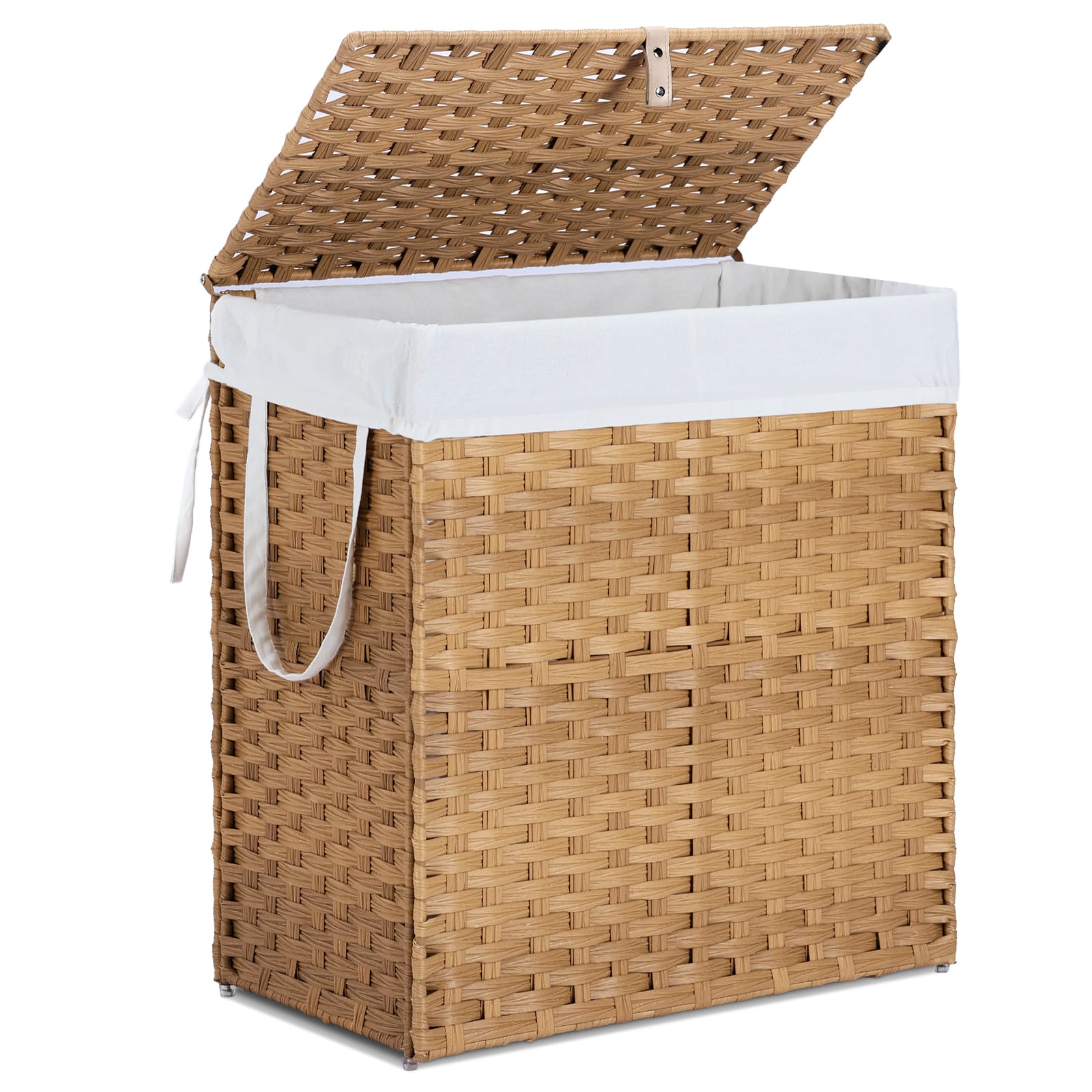 Laundry Basket With Lid, 110 L Hand-Woven Pp Rattan Laundry Basket With Compartments & Handles, Foldable, Removable Liner view 17