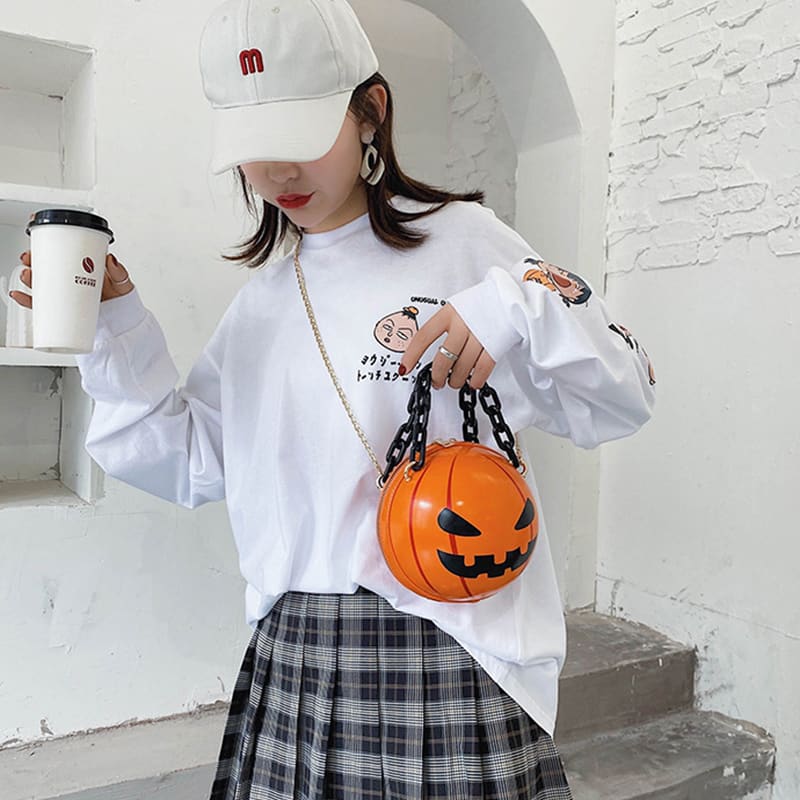 Halloween Cartoon Pumpkin Ball Handbags With Chain Personality Creative Funny Shoulder Bags For Kids Women view 8
