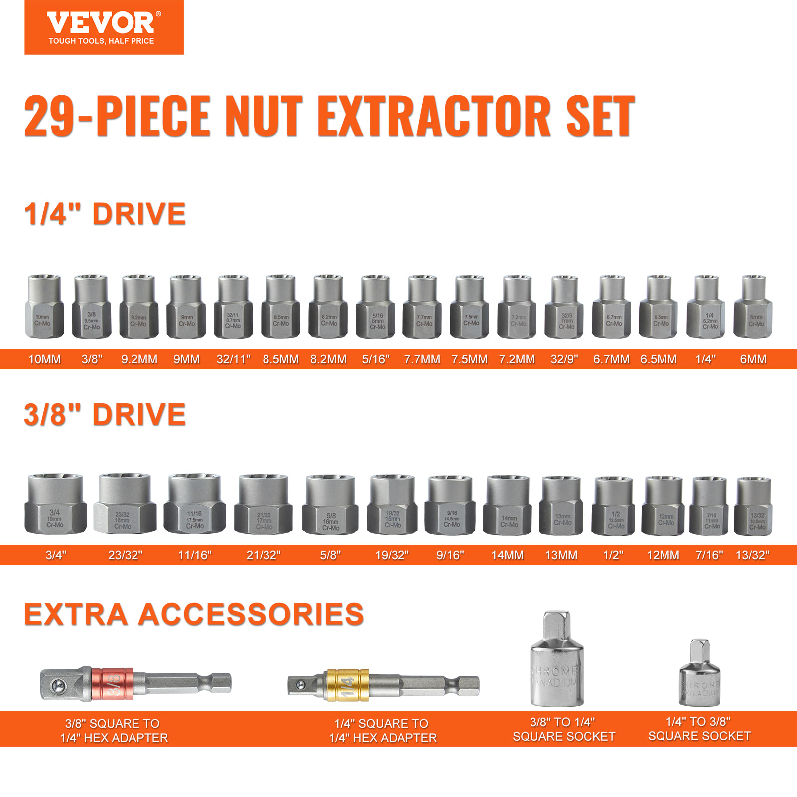 VEVOR Bolt Extractor Set, 29-Piece Bolt And Nut Remover Set, 6mm To 10mm, , CR-MO Steel Extraction Socket Set With Storage Case, For Removing Damaged Rusted Bolts, Nuts And Screws view 9