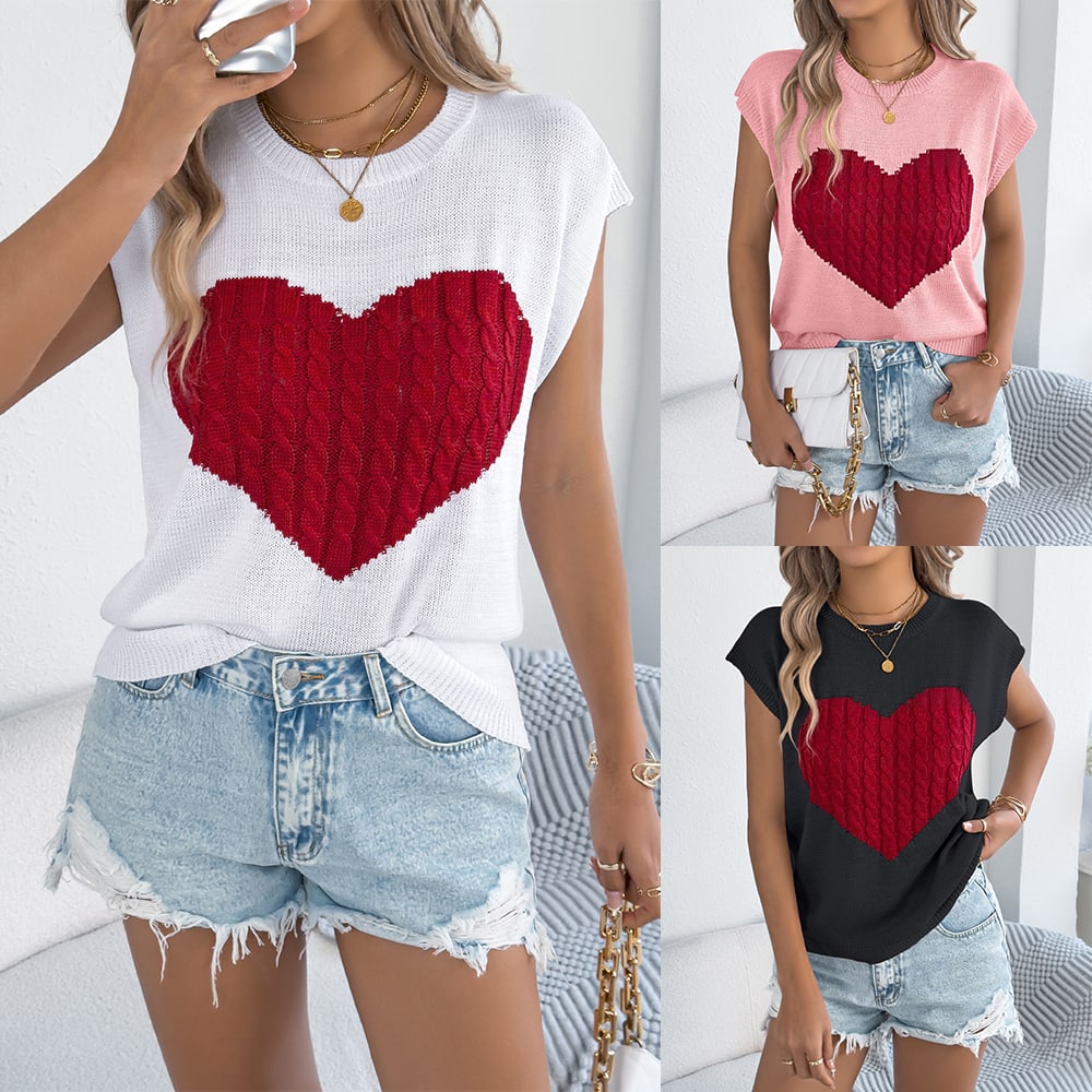 Women S Color Block Heart Loose Knit Valentine S Sweater Top view 14