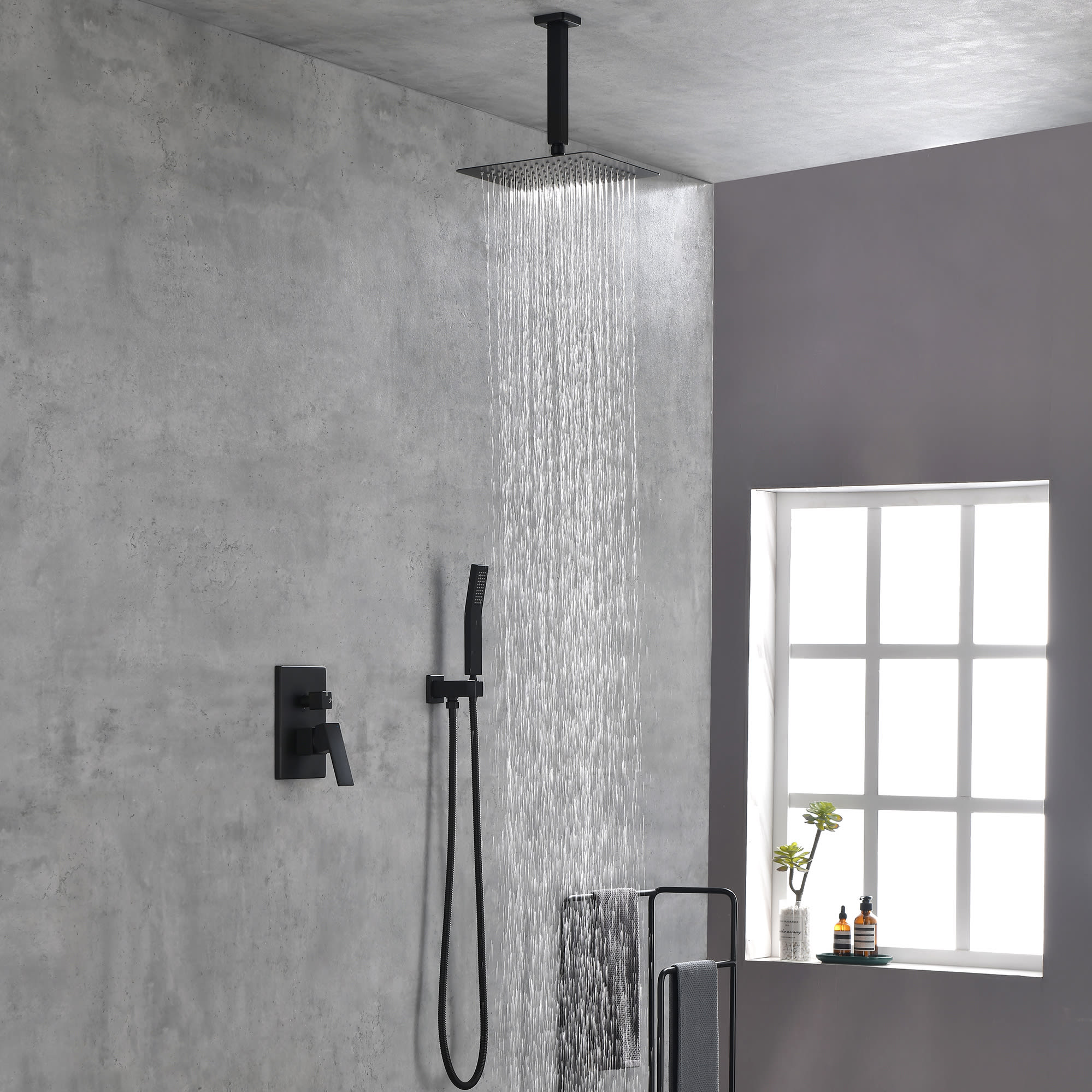 Matte Black Shower Set System Bathroom Luxury Rain Shower Combination Set Ceiling Mounted Showerhead Showerhead Faucet view 14