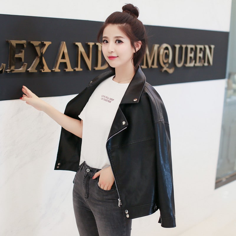 European And American Slim Student Locomotive Loose Boyfriend Style Leather Jacket view 3