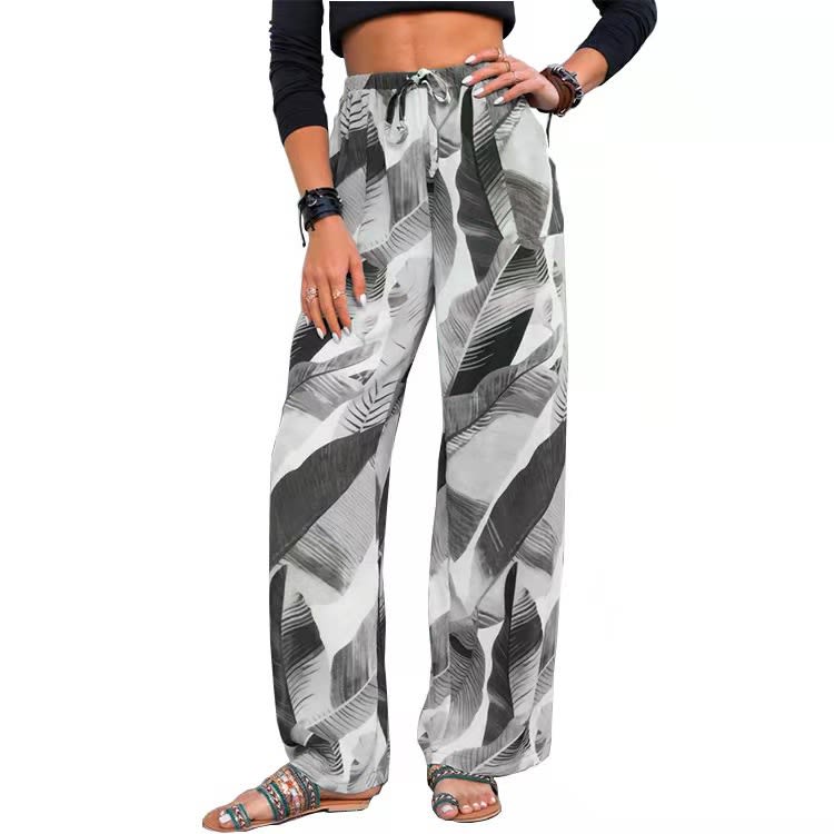Fashion Drawstring Leaf Print Beach Pants Summer Casual Loose Wide Leg Straight Trousers Womens Clothing view 2