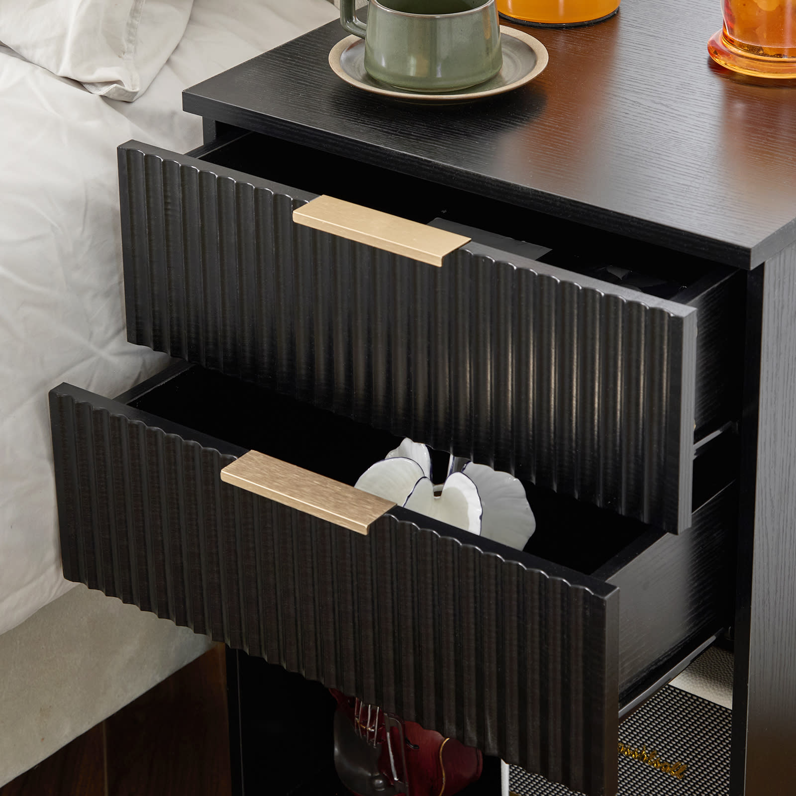Black P2 Density Board, Wave Pattern Drawer Surface, 2 Drawer Bedside Cabinet 1pc view 10