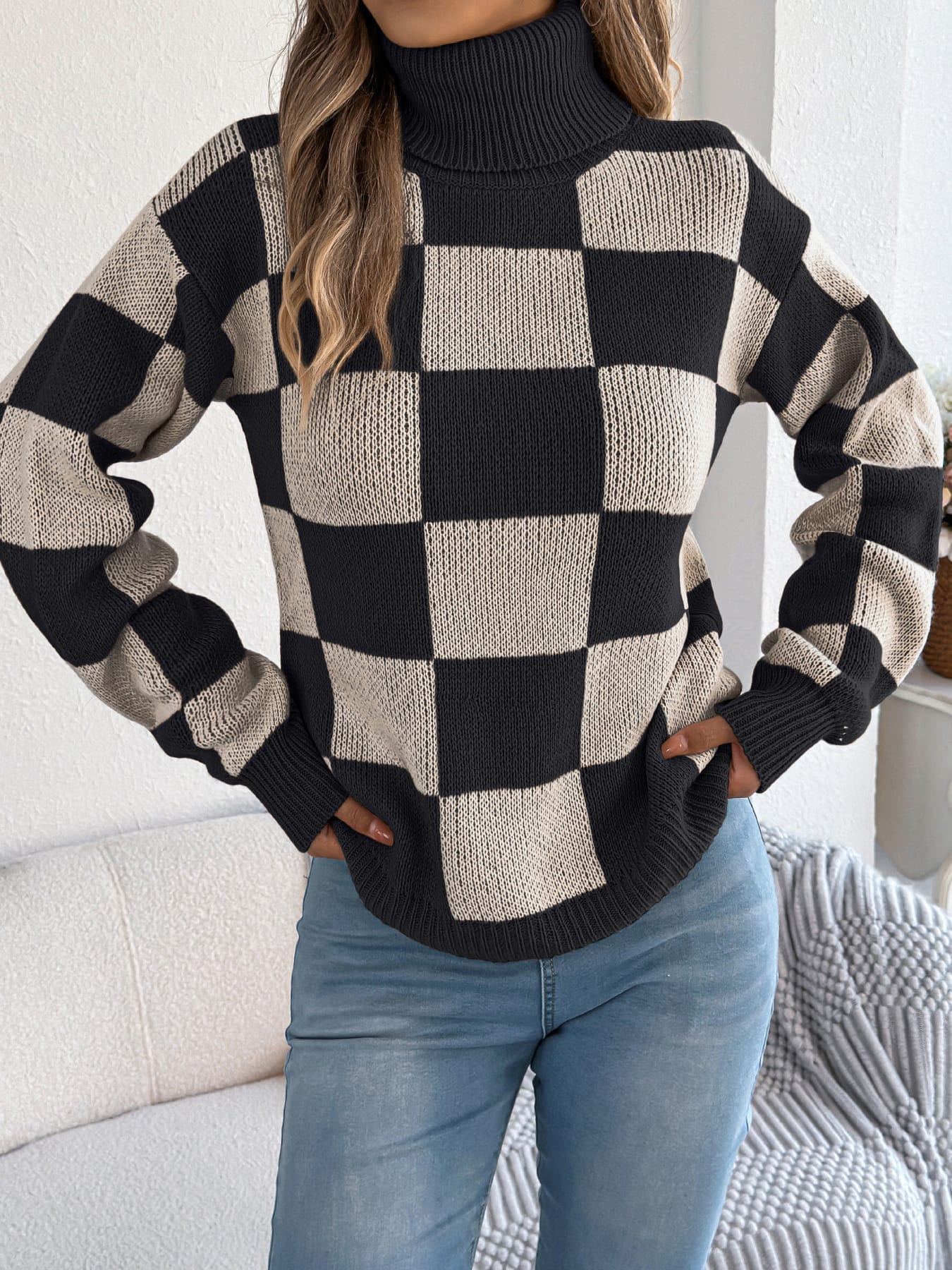 Women's High Neck Color-Blocked Plaid Lantern Sleeve Sweater view 2