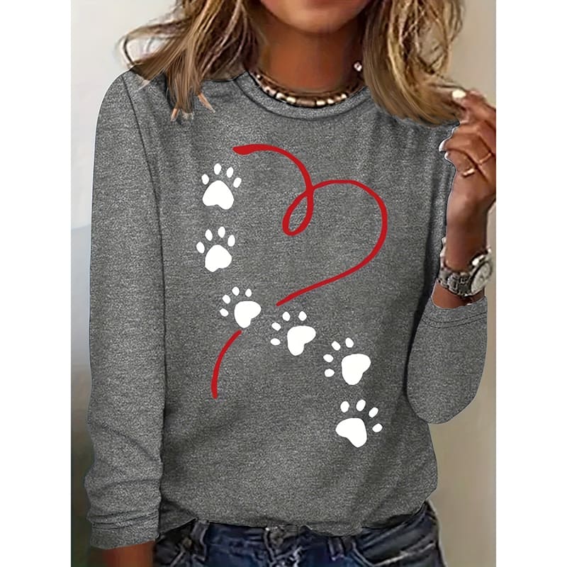 Women's Heart & Dog Paw Print T-shirt, Cute Crew Neck Long Sleeve Top For Spring & Fall view 8