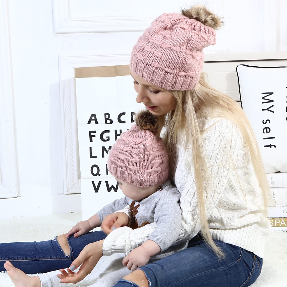 Parent-child Knitted Hat Manufacturers Spot Butterfly Fur Ball Warm Hat view 4