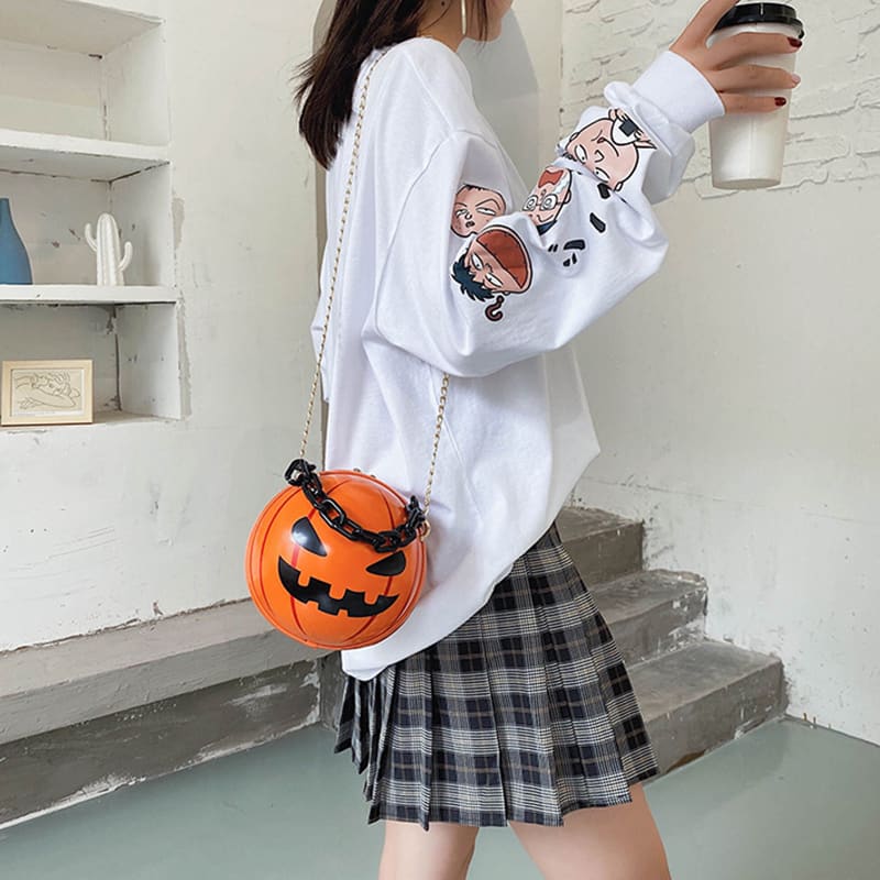 Halloween Cartoon Pumpkin Ball Handbags With Chain Personality Creative Funny Shoulder Bags For Kids Women view 5