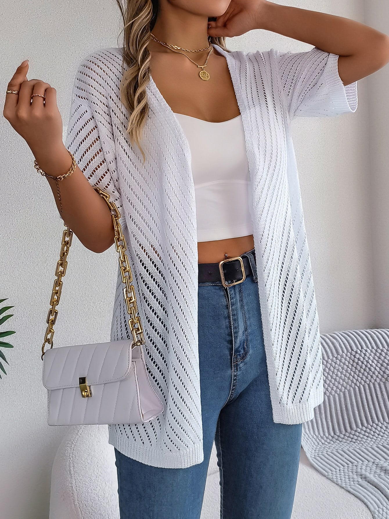 Women S Vertical Stripe Hollow Out Short Sleeve Knit Cardigan Cover-Up view 7
