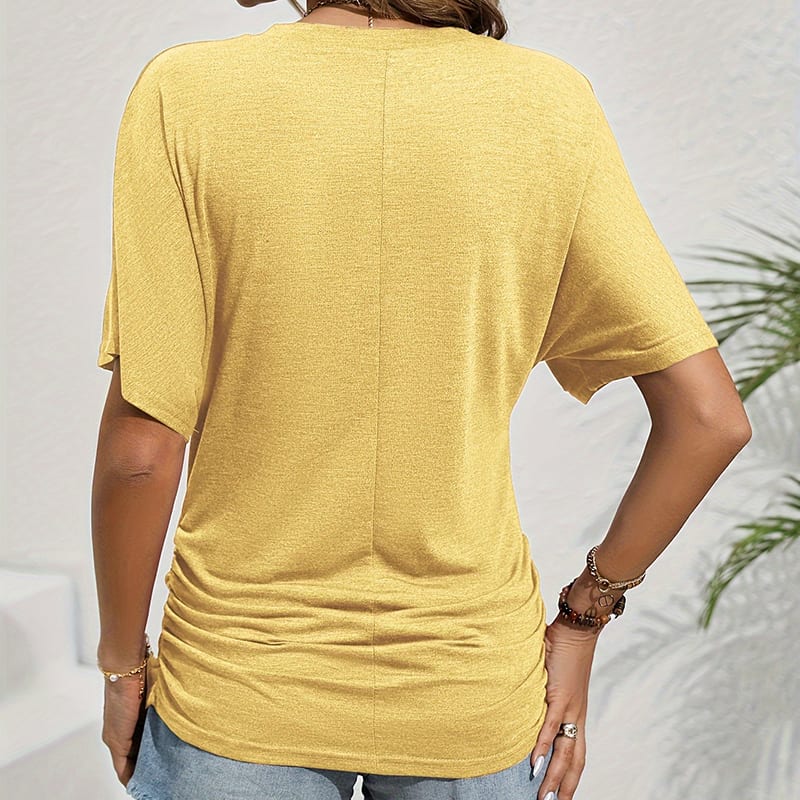 Women's Slim-Fit Ruched Short Sleeve T-Shirt Crewneck Casual Fitted Top view 19