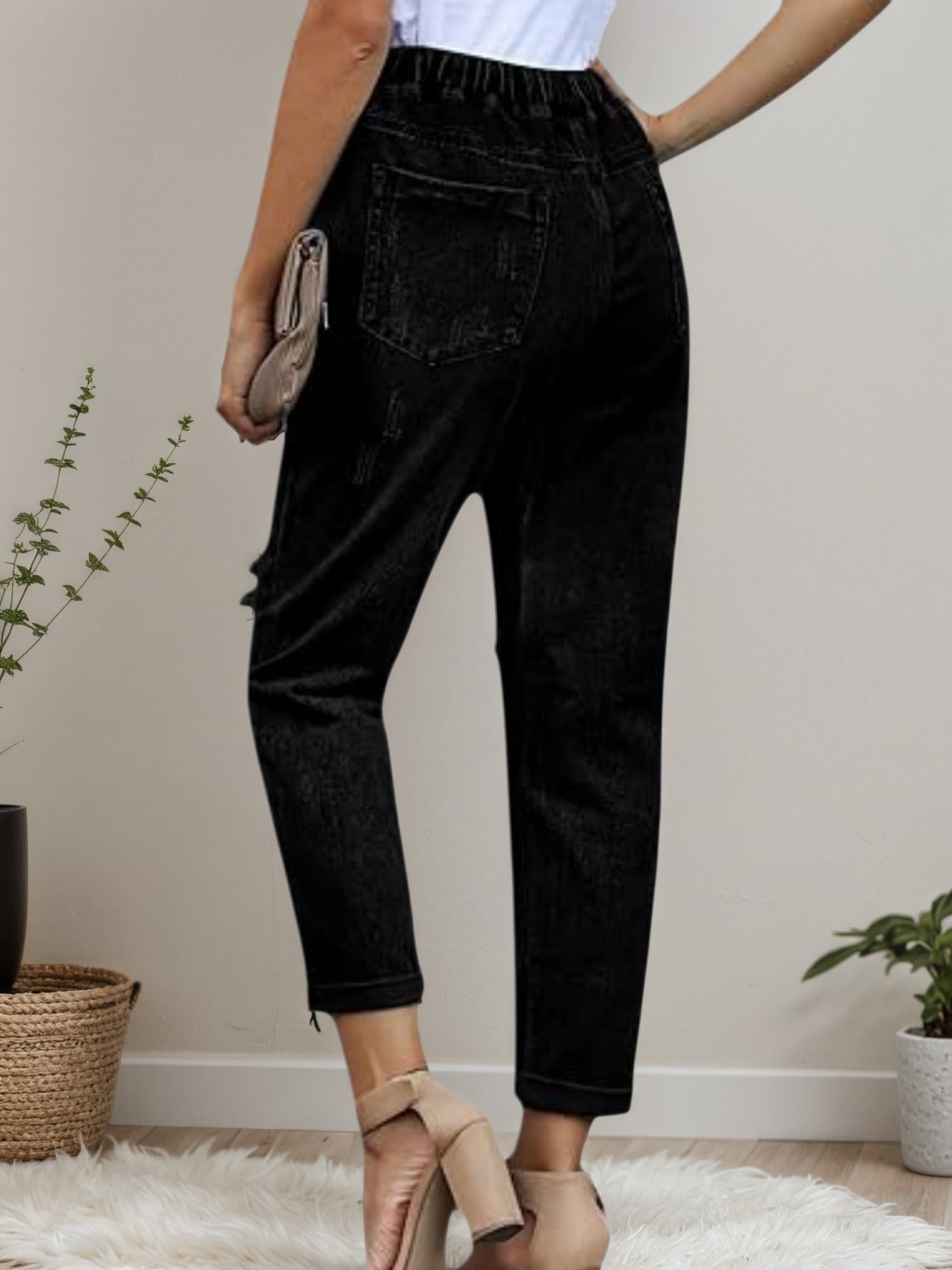 New Women’s Casual Set Wearing Distressed Stretch Jeans, Elastic Waisted Jeans, Denim Jogging Pants view 3