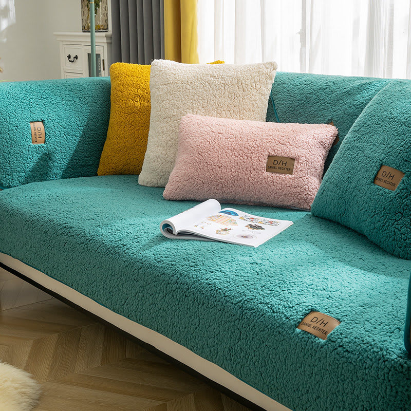 Modern Solid Color Winter Lamb Wool Sofa Towel Thicken Plush Soft And Smooth Sofa Covers For Living Room Anti-slip Couch Cover view 10