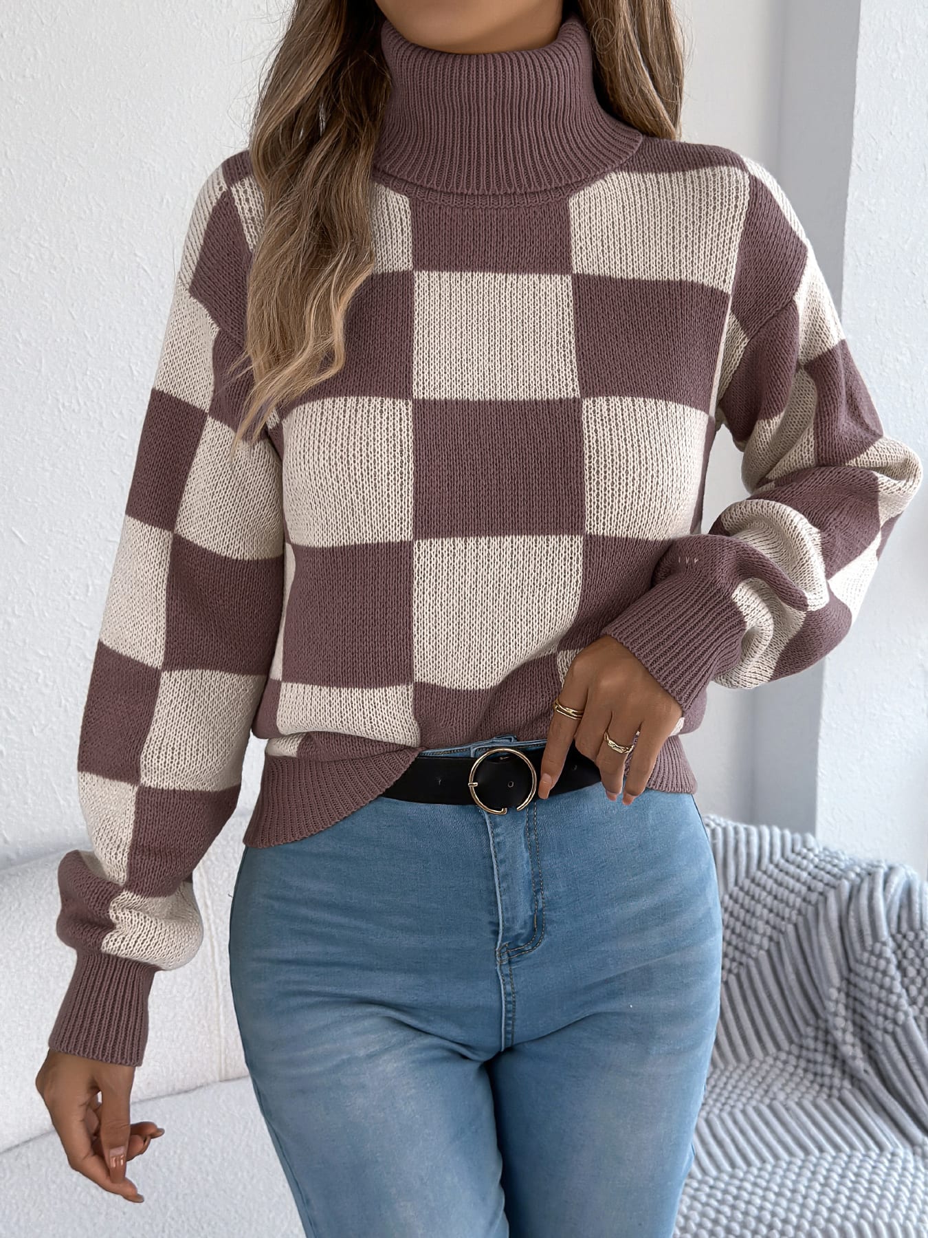 Women's High Neck Color-Blocked Plaid Lantern Sleeve Sweater view 12