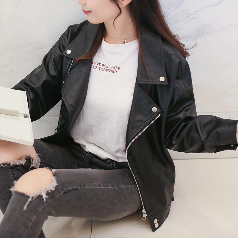 European And American Slim Student Locomotive Loose Boyfriend Style Leather Jacket view 2