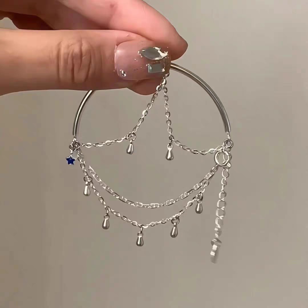 1pc 999 Sterling Silver Double-Layer Tassel Star Half-Bangle Bracelet, Trendy Style, Perfect For Daily Wear & Valentine's Gifts view 2