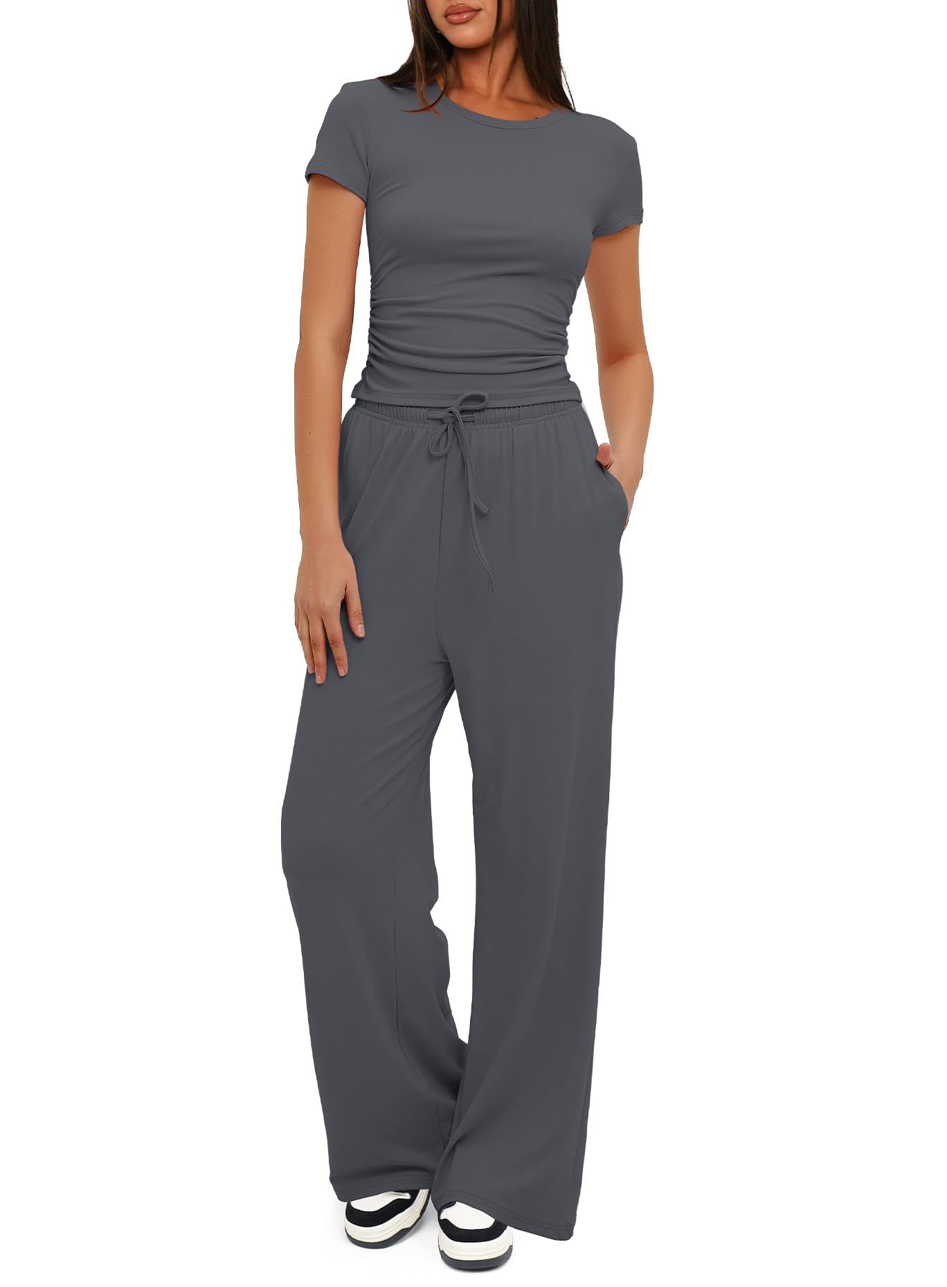 2pcs Solid Color Casual Sports Yoga Suit Short-sleeved Top And High-waisted Drawstring Wide-leg Pants Summer Fashion Set For Womens Clothing view 7