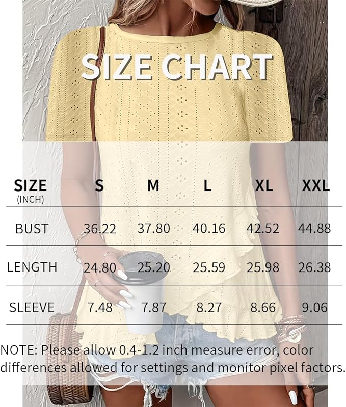 Women's Ruffle Hem Short Sleeve T-Shirt Casual Summer Crew Neck Blouses Top view 18