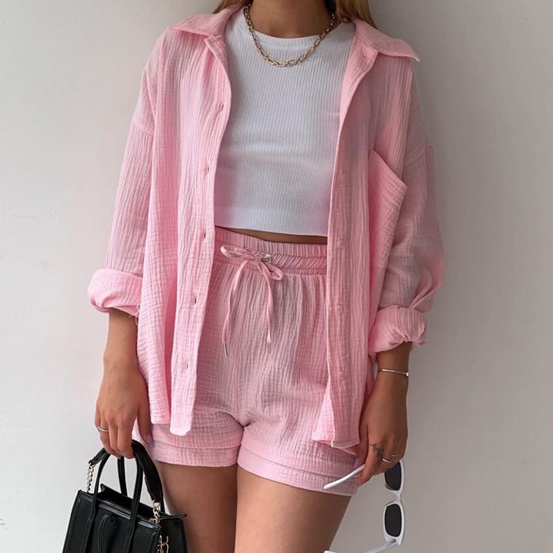 Women's Wrinkled Fabric Lapel Long Sleeved Shirt Shorts Fashion Casual Set view 24