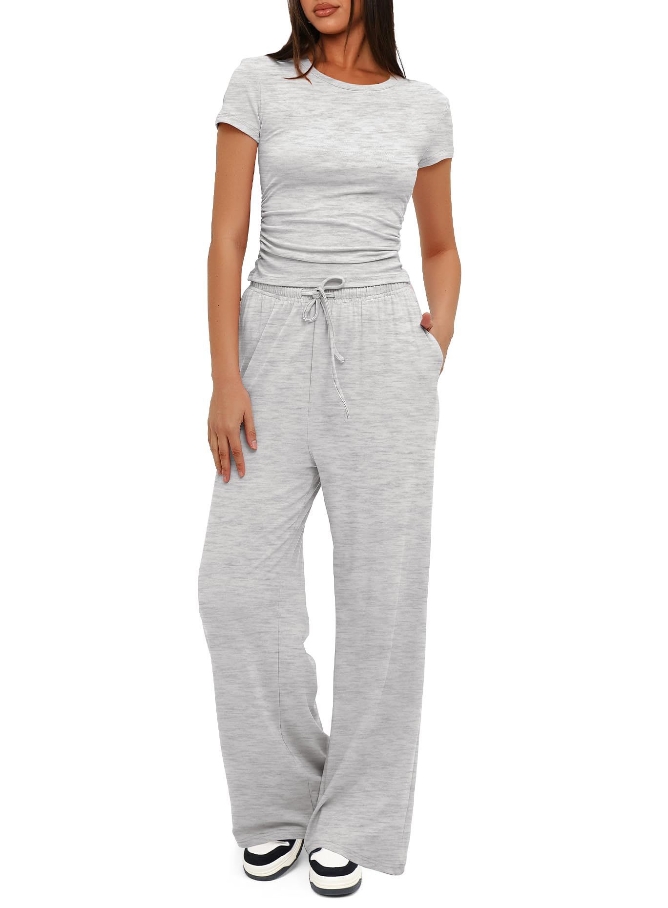 2pcs Solid Color Casual Sports Yoga Suit Short-sleeved Top And High-waisted Drawstring Wide-leg Pants Summer Fashion Set For Womens Clothing view 15