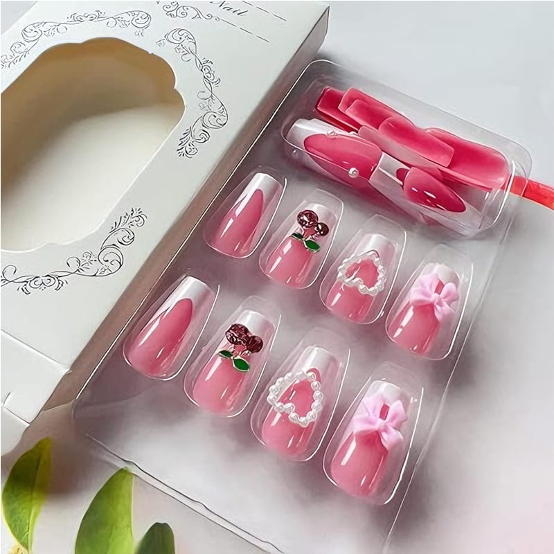 24 PCS Cherry Bow Nail Art, Long Length Long Water Pipe Fake Nails,Square Head Nail Tips False Nail view 10