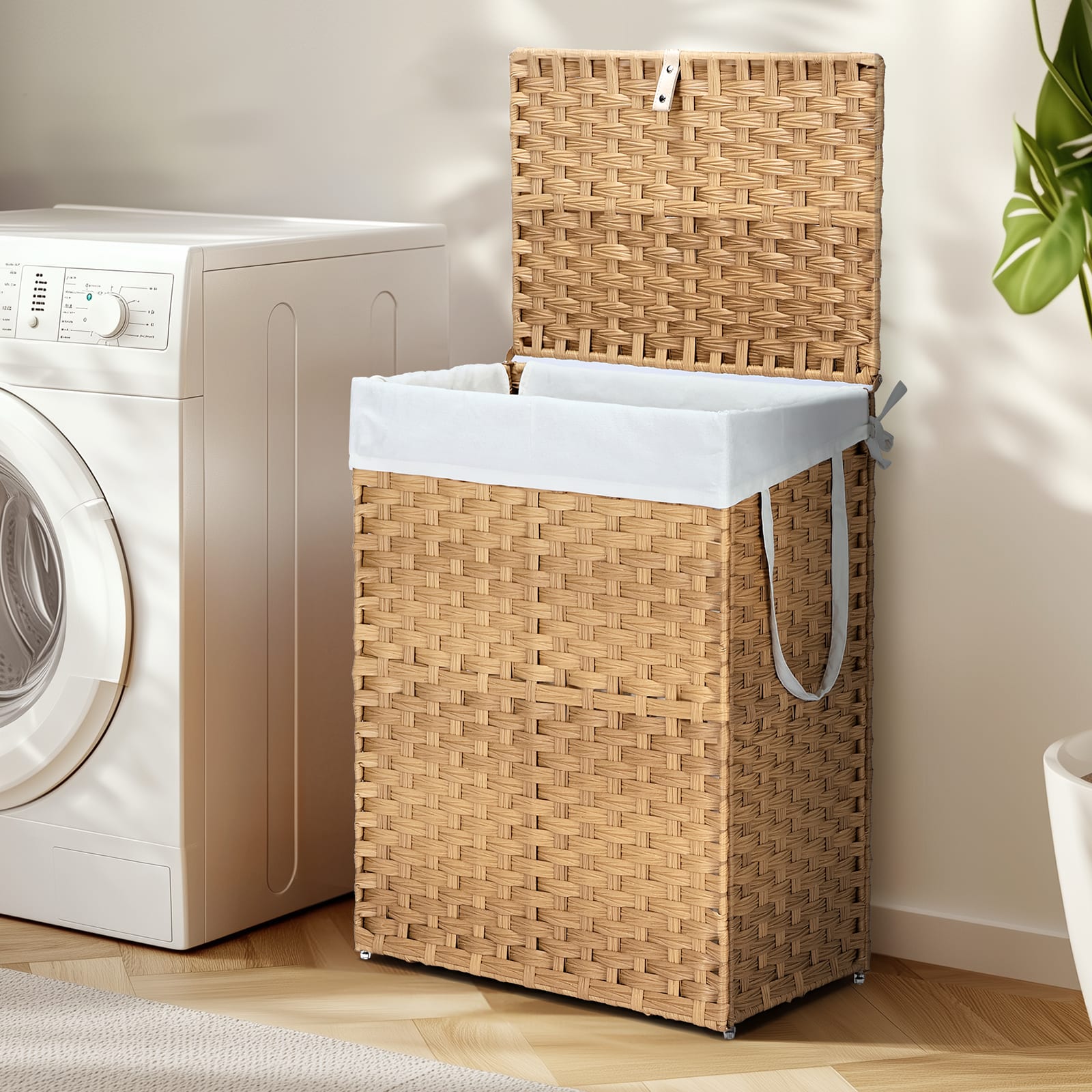 Laundry Basket With Lid, 110 L Hand-Woven Pp Rattan Laundry Basket With Compartments & Handles, Foldable, Removable Liner view 16