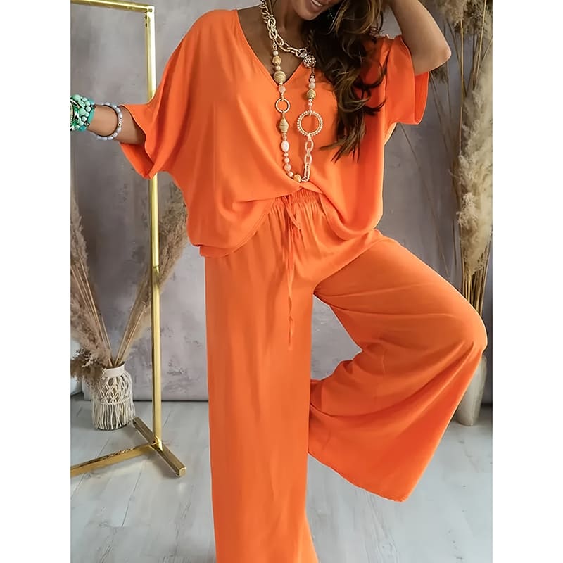 Women's 2 Piece Outfit, Casual Solid Color V-Neck Half Sleeve Top And Wide Leg Pants Lounge Set view 14