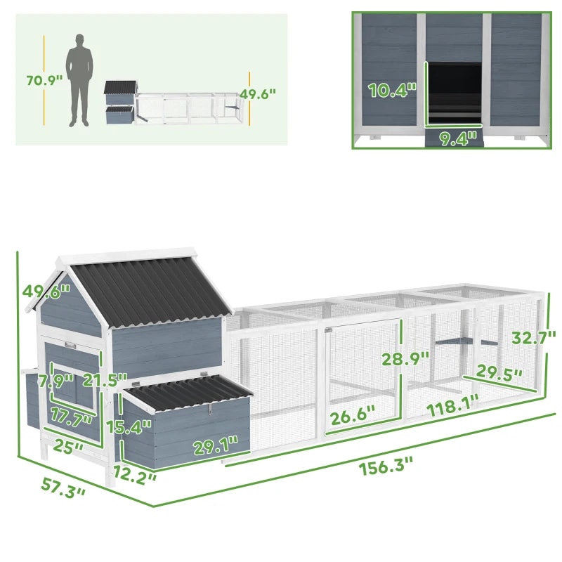 156Extra Large Wooden Chicken Coop With 2 Nesting Box, Run Cage, Waterproof Wave Roof, For 10-15 Chickens, Light GrayMultiple Packages view 9