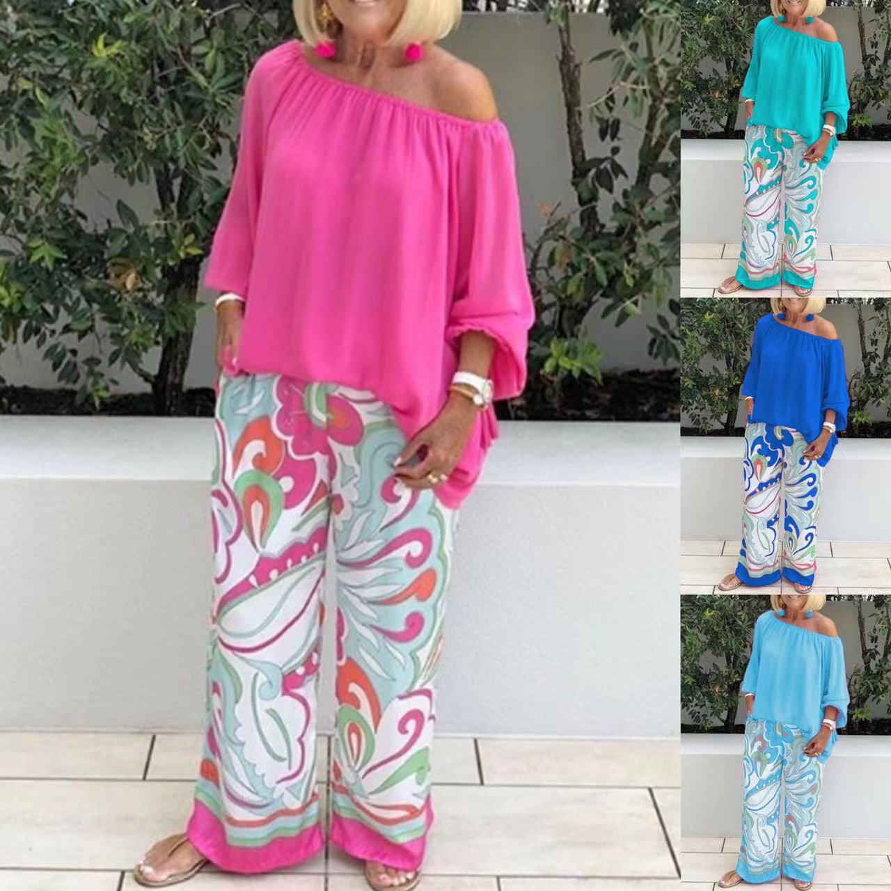 Women's Clothing Printed Pants Off-shoulder Top Casual Suit view 2