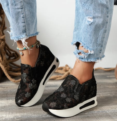 Women's Fashion Lace Mesh Casual High Heel Sneakers view 5