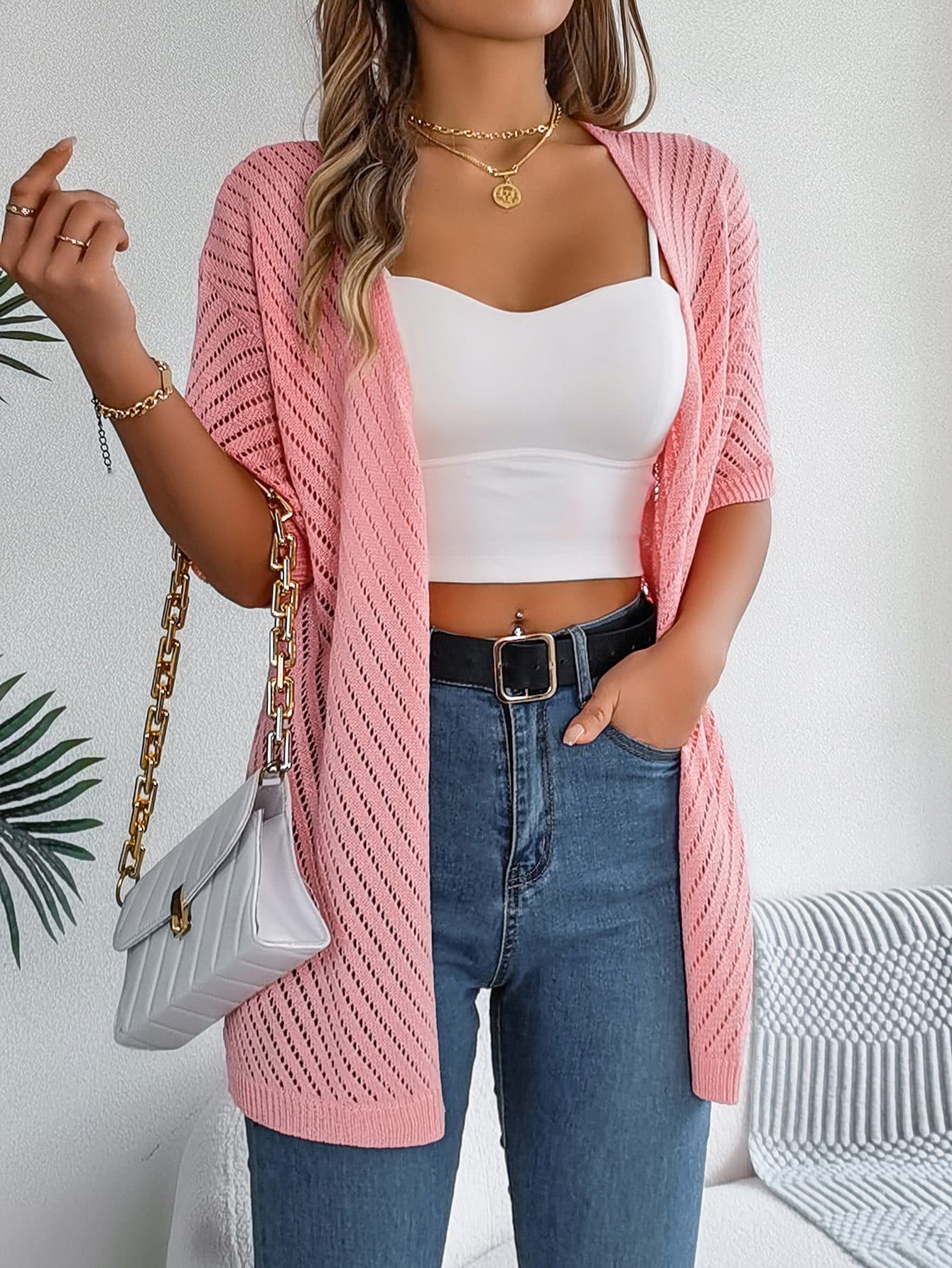 Women S Vertical Stripe Hollow Out Short Sleeve Knit Cardigan Cover-Up view 5