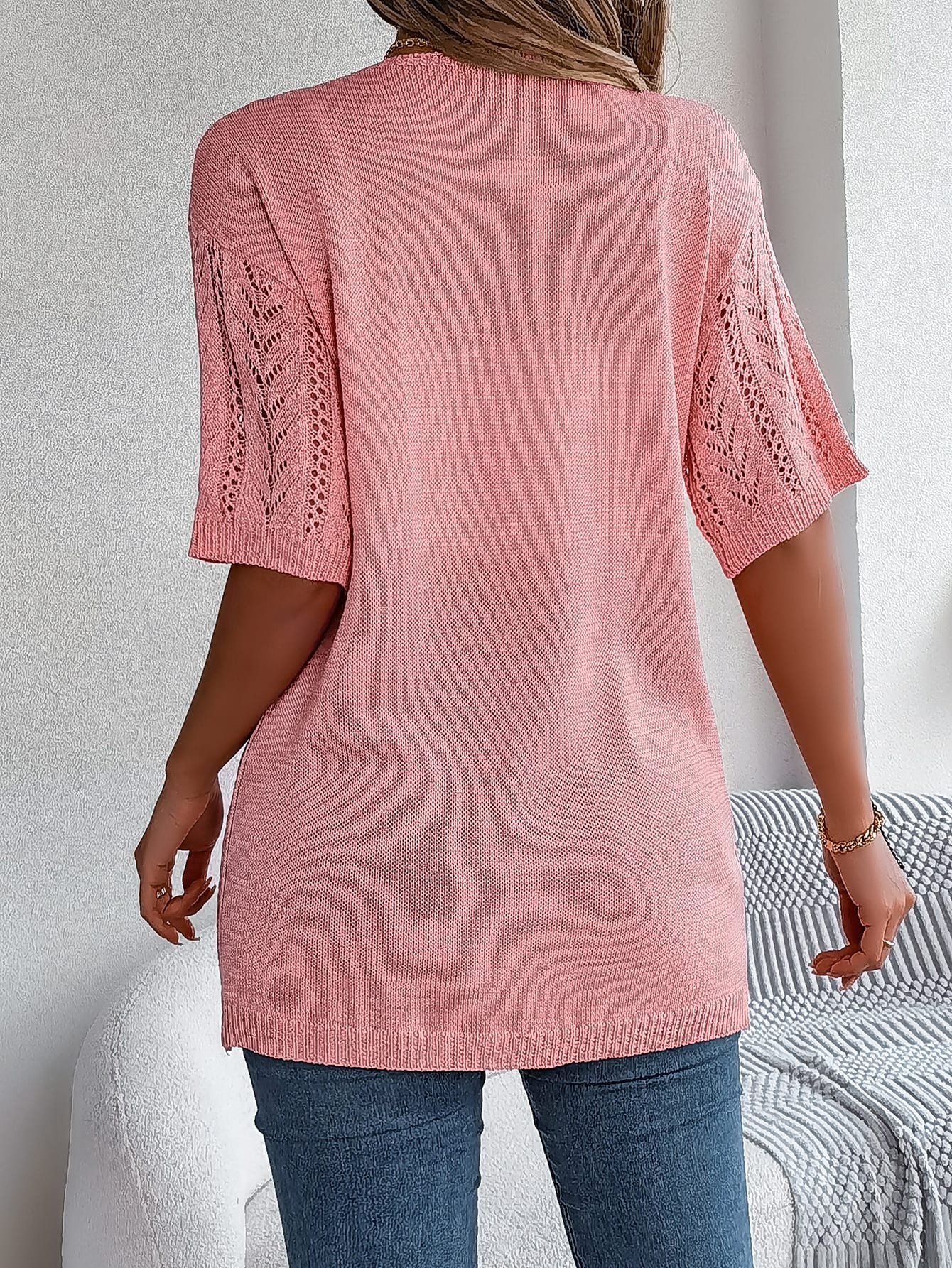 Women S Solid Color Hollow Out Short Sleeve Knit Cardigan Cover-Up view 4
