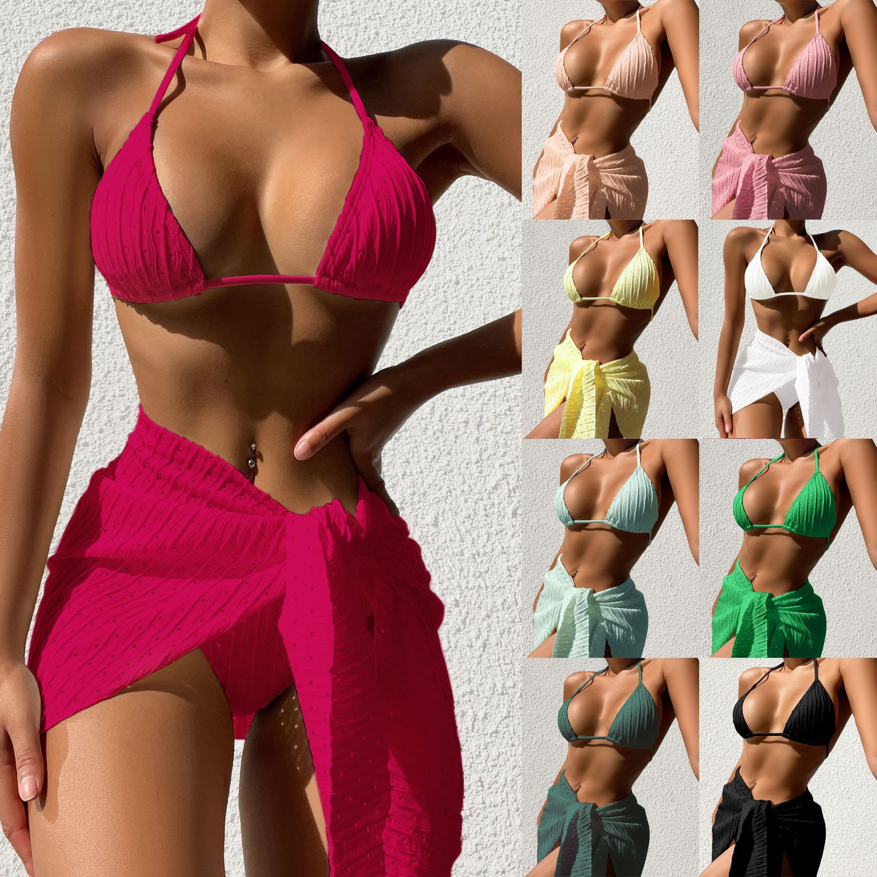 3pcs Halterneck Swimsuit Set Beach Solid Color Sexy Backless Bikini With Mesh Skirt Summer Womens Clothing view 6