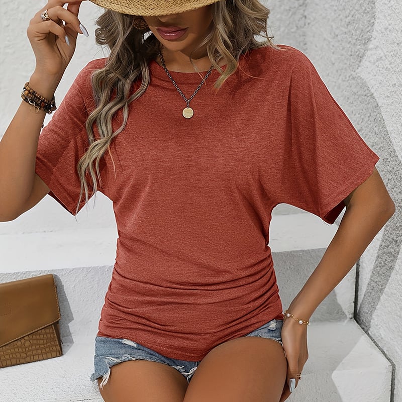 Women's Slim-Fit Ruched Short Sleeve T-Shirt Crewneck Casual Fitted Top view 29