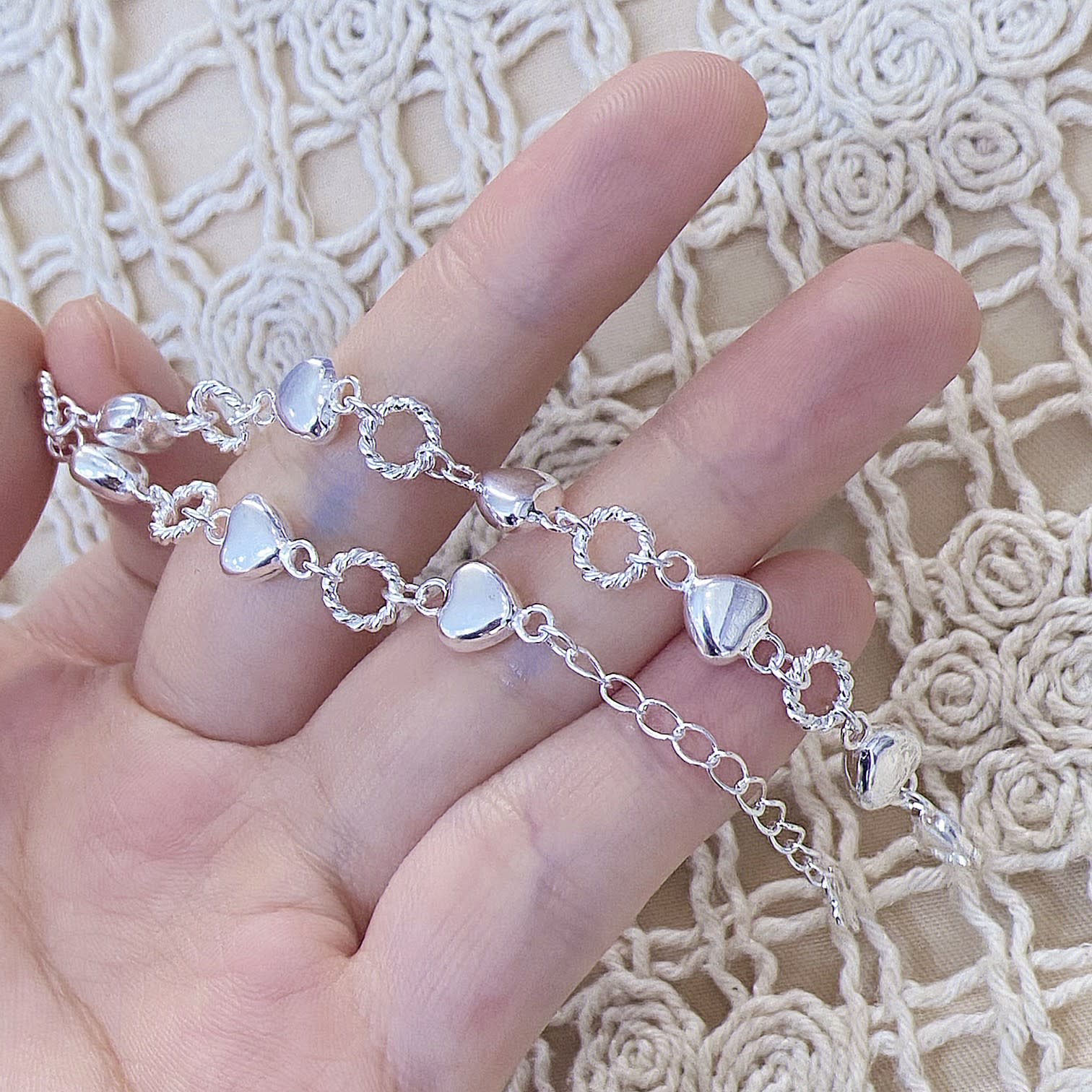 1pc 999 Sterling Silver Heart & Twisted Ring Link Bracelet, Sweet Minimalist Style, Perfect For Daily Wear & Valentine's Gifts view 4
