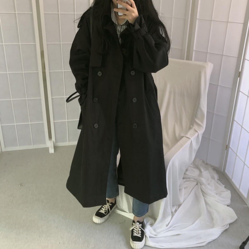 Women Black Trench Coat Mid Length Double Breasted Waist view 3