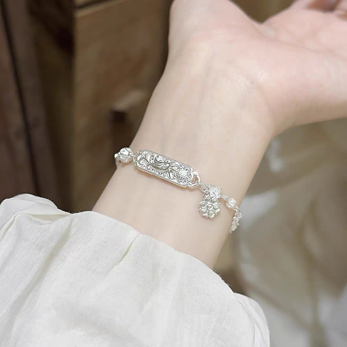 1pc 999 Sterling Silver Hollow Phoenix & Flower Bracelet, Retro Chinese Style, Perfect For Daily Wear & Valentine's Gifts view 5
