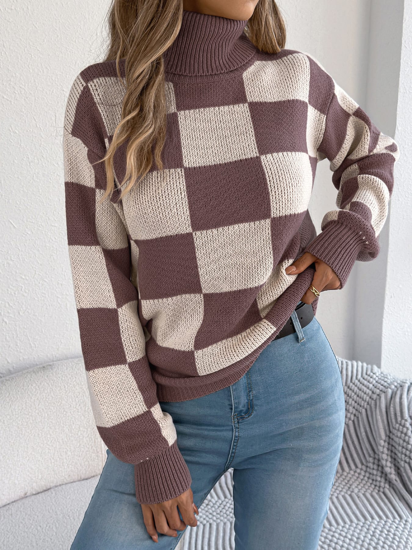 Women's High Neck Color-Blocked Plaid Lantern Sleeve Sweater view 14