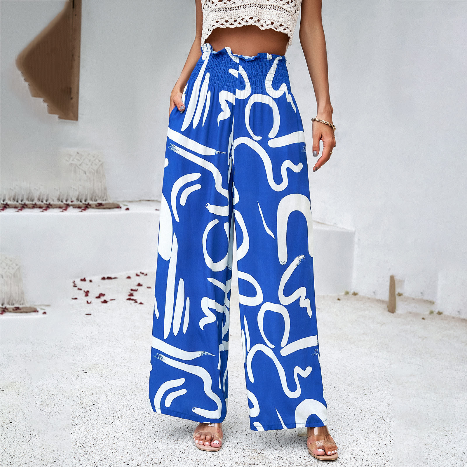 Elegant Printed Trousers Summer Loose Elastic High Waist Straight Pants For Beach Vacation Womens Clothing view 5