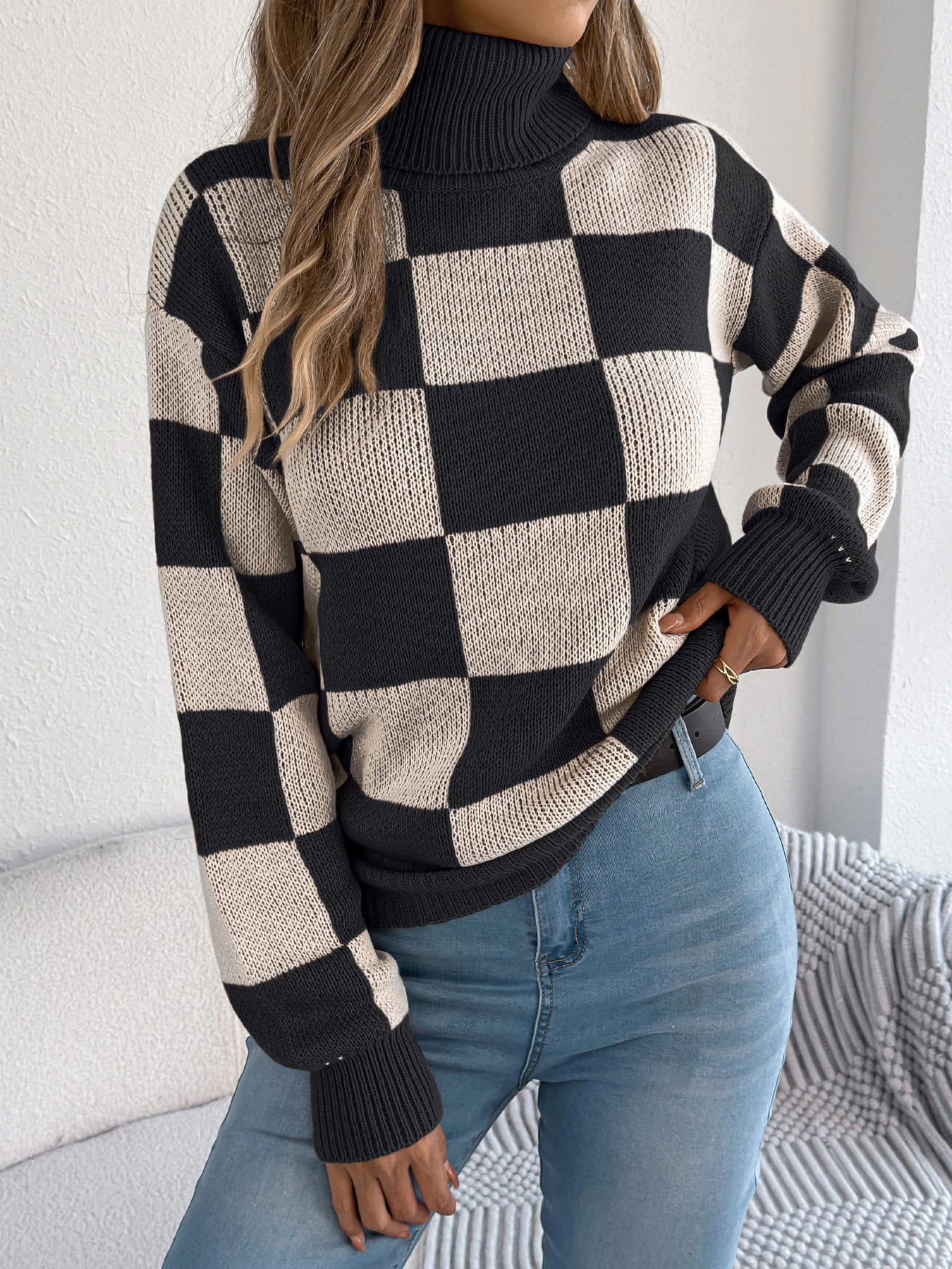 Women's High Neck Color-Blocked Plaid Lantern Sleeve Sweater view 4