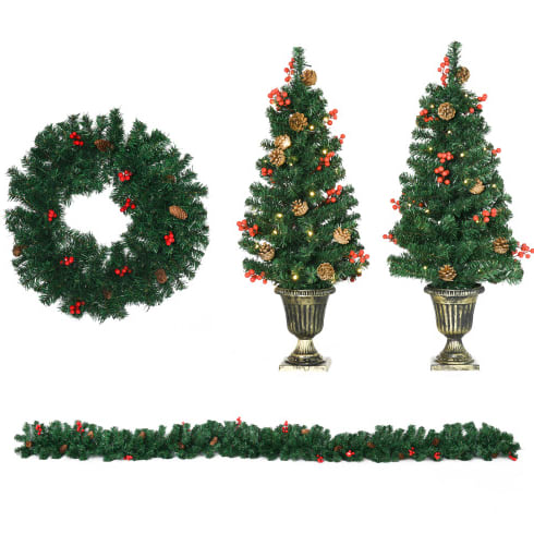 HOMCOM Prelit Holiday Christmas 4-Piece Set, Garland Wreath And Set Of 2 Entrance Trees With Warm White LED Lights, Red Berries, Pine Cones, Green view 5