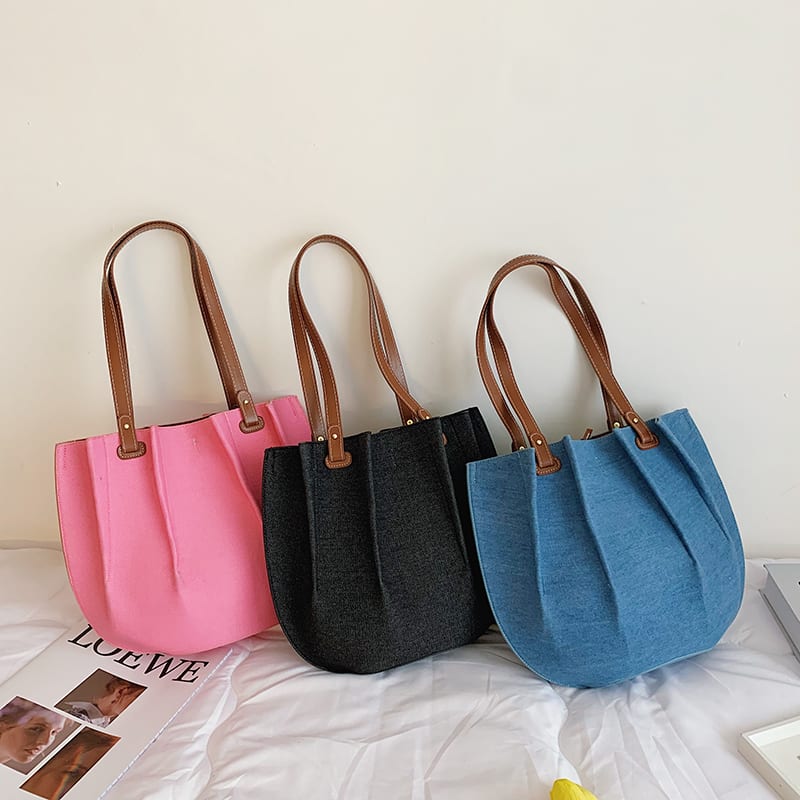 New Fashion Canvas Denim Pleated Tote Shoulder Bag view 5