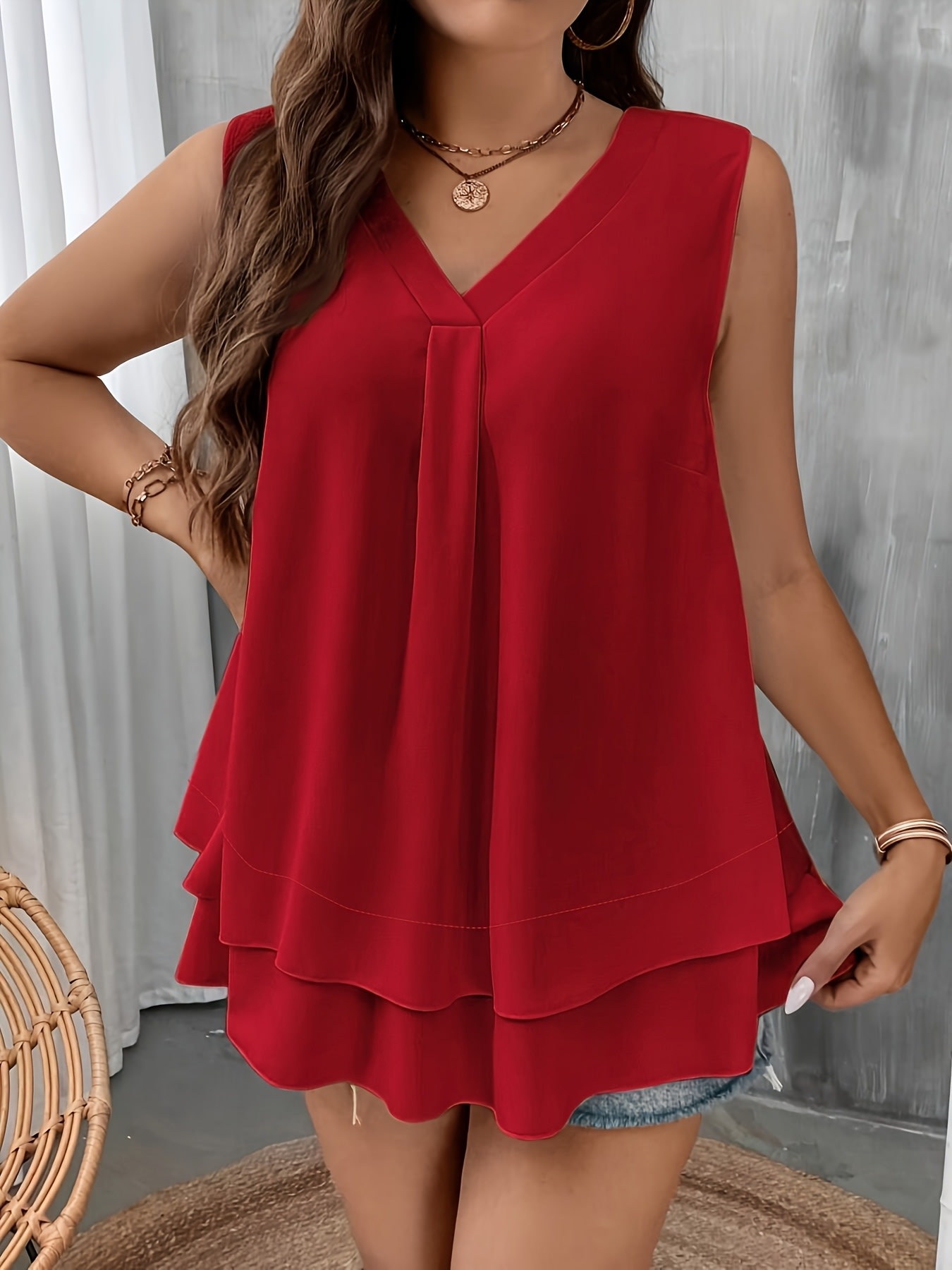 Self-pick-up Plus Size Women'S Solid Color V-Neck Sleeveless Shirt Fashion Chiffon Tank Top  Only Self-pickup Is Supported view 3