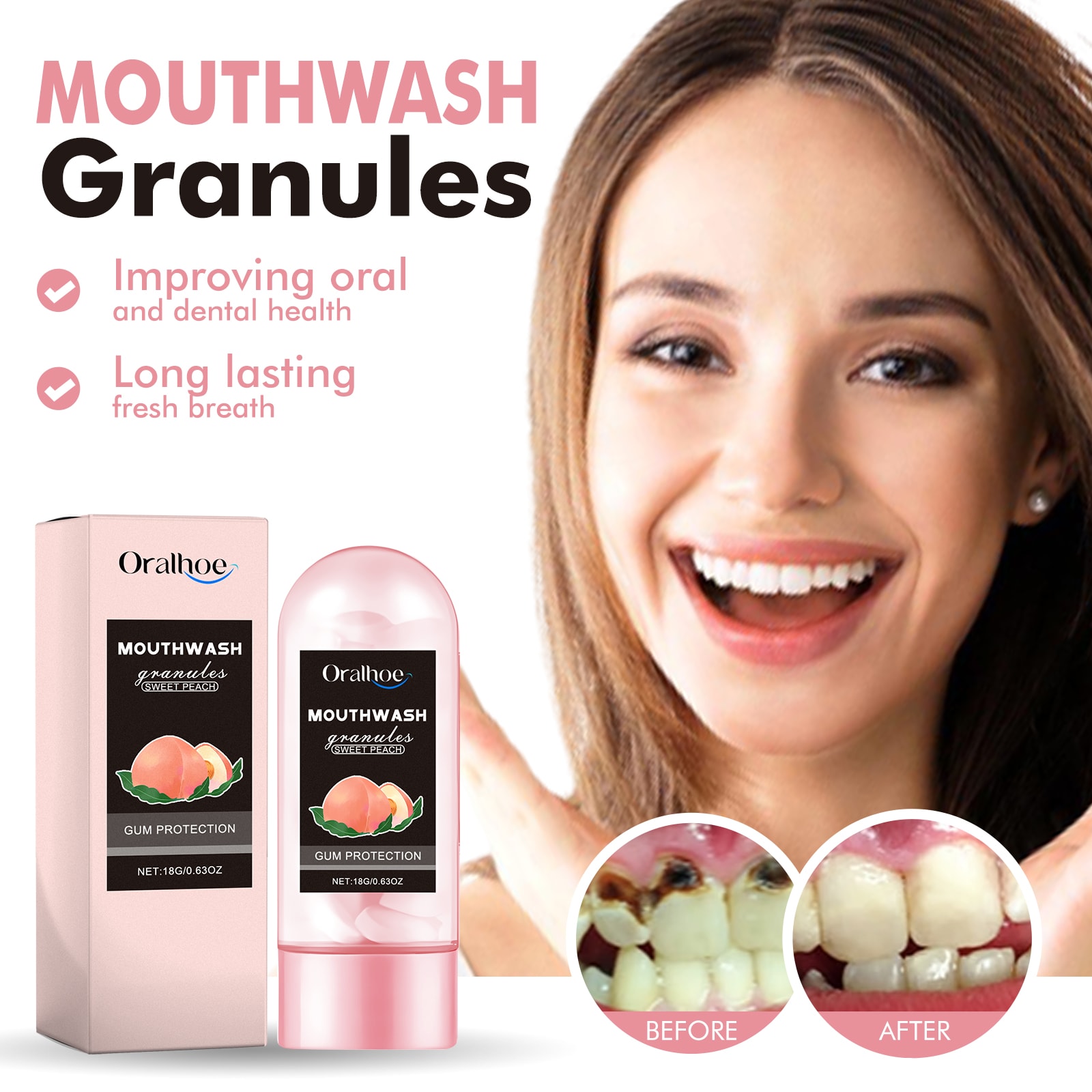 Oralhoe Peach Flavor Teeth Cleaning Mouthwash Pellets Breath Long Lasting Fragrance Clean Gums Portable Mouthwash Pellets view 3