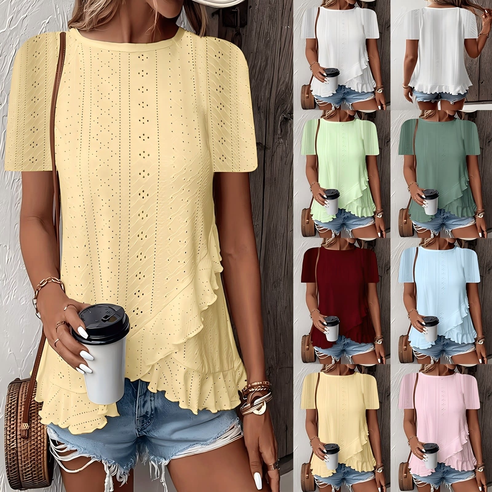 Women's Ruffle Hem Short Sleeve T-Shirt Casual Summer Crew Neck Blouses Top view 3