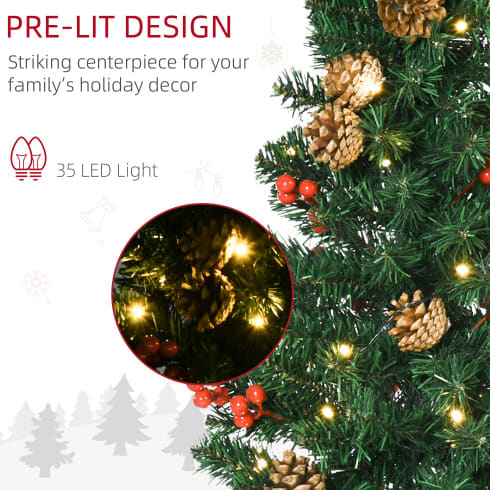 HOMCOM Prelit Holiday Christmas 4-Piece Set, Garland Wreath And Set Of 2 Entrance Trees With Warm White LED Lights, Red Berries, Pine Cones, Green view 8