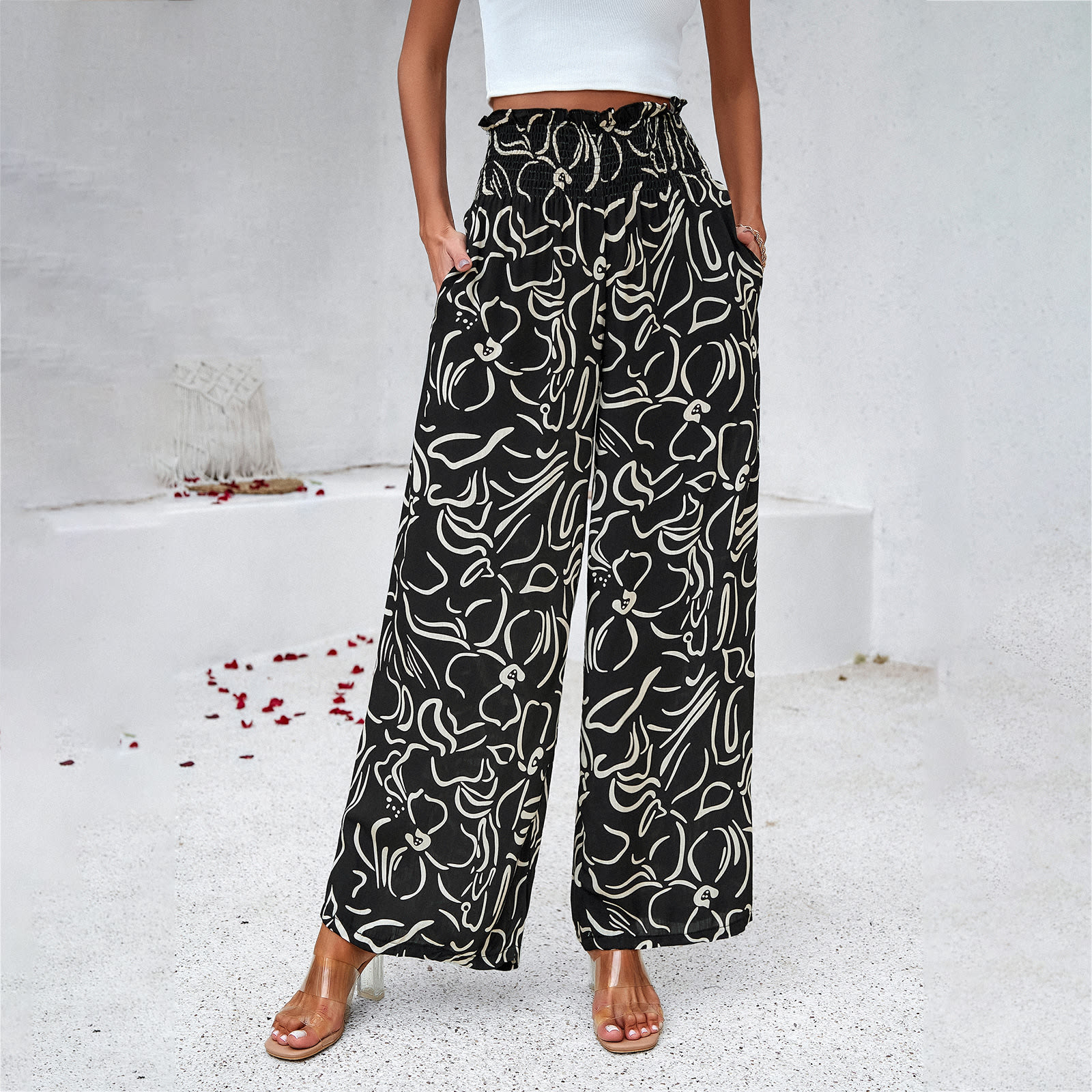 Elegant Printed Trousers Summer Loose Elastic High Waist Straight Pants For Beach Vacation Womens Clothing view 1