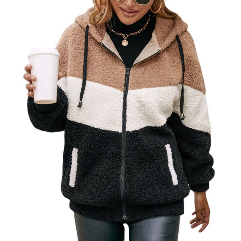 Thick Contrast Color Plush Zipper Cardigan Hooded Sweater view 5