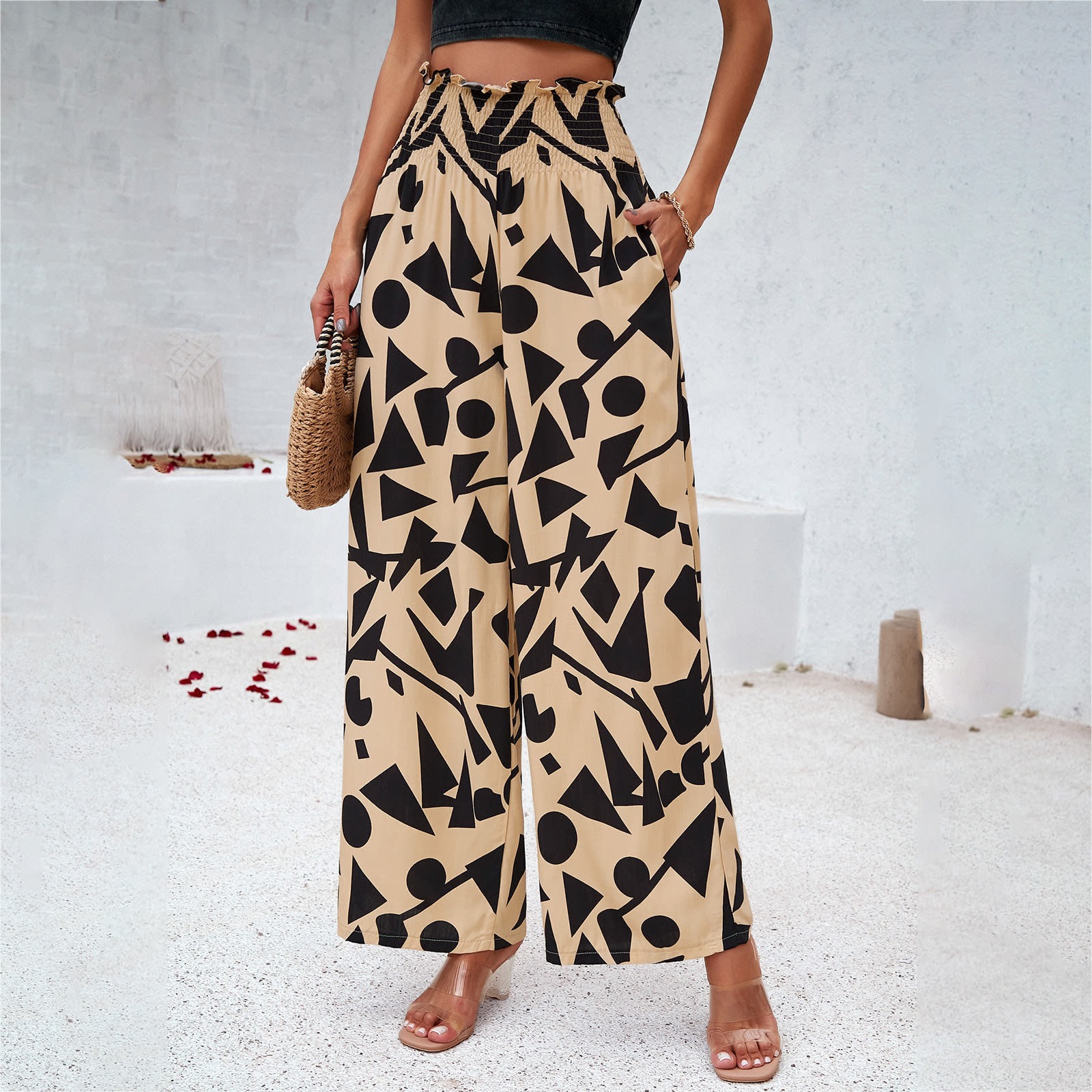 Elegant Printed Trousers Summer Loose Elastic High Waist Straight Pants For Beach Vacation Womens Clothing view 3